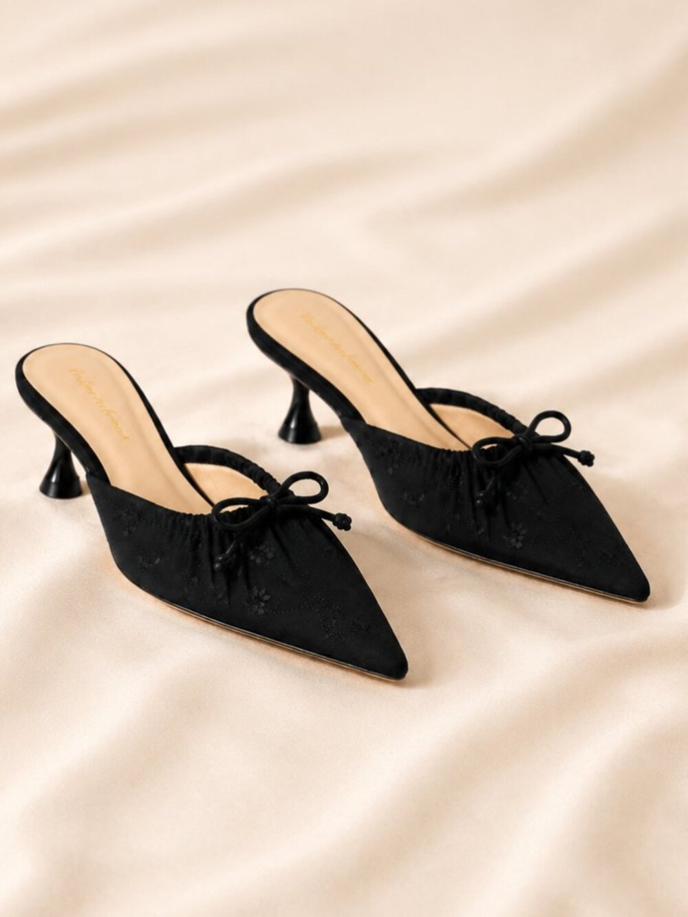For Love & Lemons Colette Black Satin Bow Kitten Heel Mules Pointed Toe 8 NIB